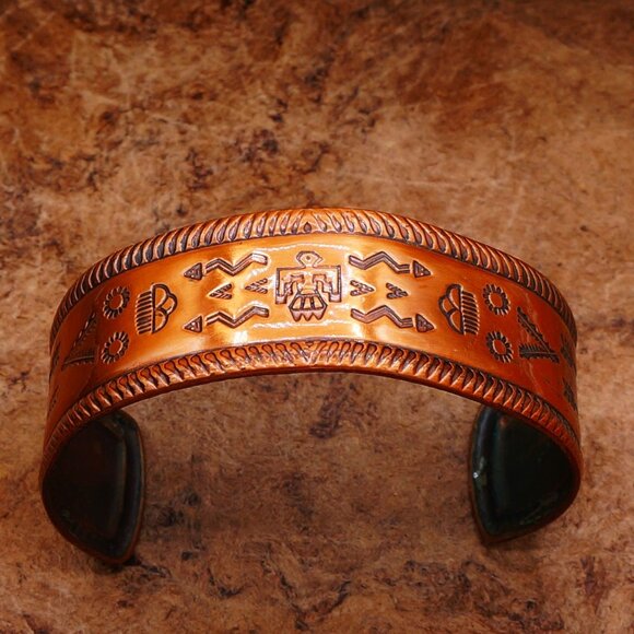 Early Vintage Bell Trading Post Copper Thunderbird Story Teller Cuff Bracelet